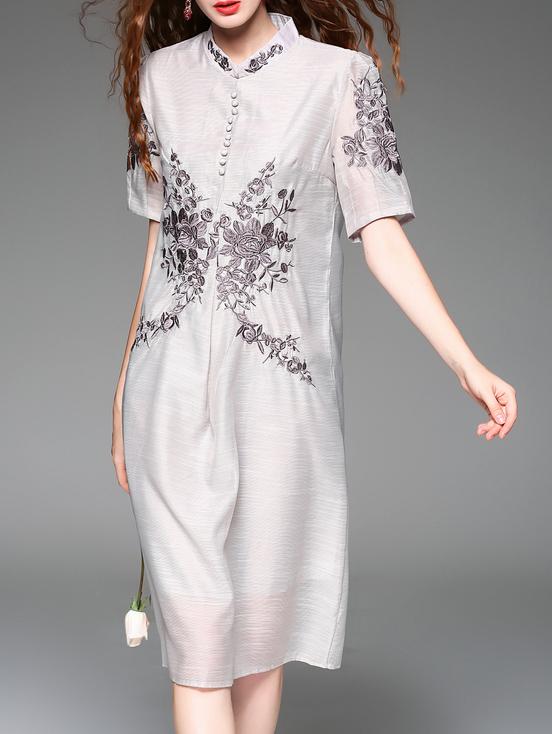 Romwe Grey Collar Embroidered Shift Dress