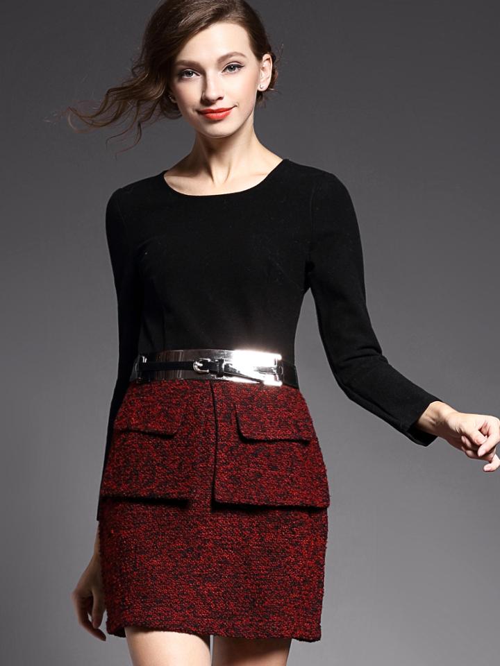 Romwe Win Red Round Neck Long Sleeve Drawstring Dress
