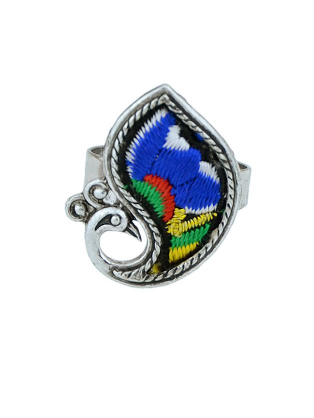 Romwe Blue Handmade Embroidery Animal Peacock Fingr Rings