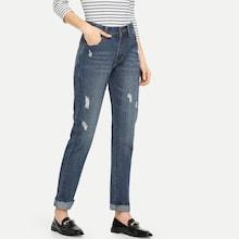Romwe Roll Up Ripped Faded Wash Jeans