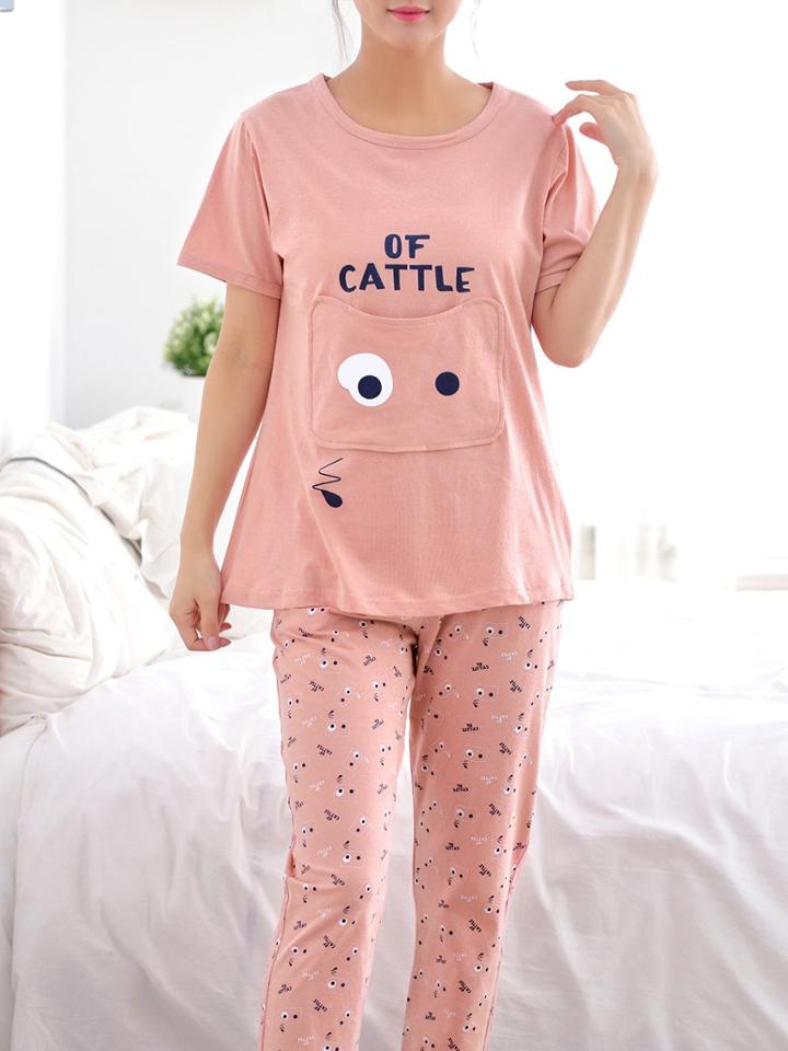 Romwe Letter Print Pocket Front Tee & Pants Pj Set