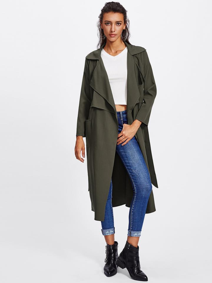 Romwe Patch Pocket Front Self Belted Layered Coat