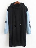 Romwe Hooded Contrast Denim Letter Print Patch Black Dress