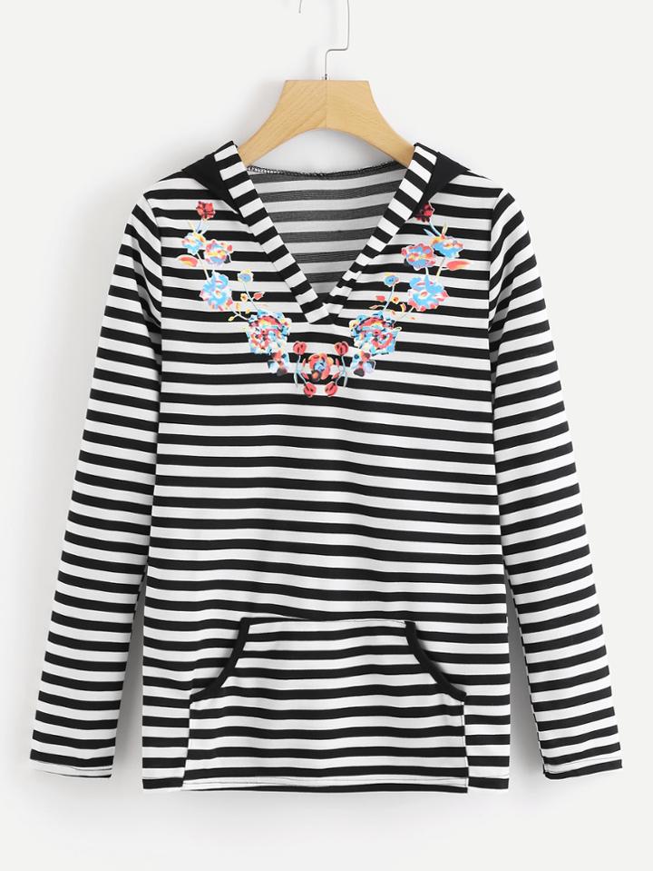 Romwe Floral Print Kangaroo Pocket Striped Hoodie