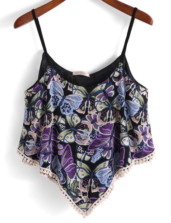 Romwe Spaghetti Strap Butterfly Print Cami Top