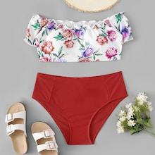 Romwe Plus Off The Shoulder Lettuce Trim Floral Bikini Set