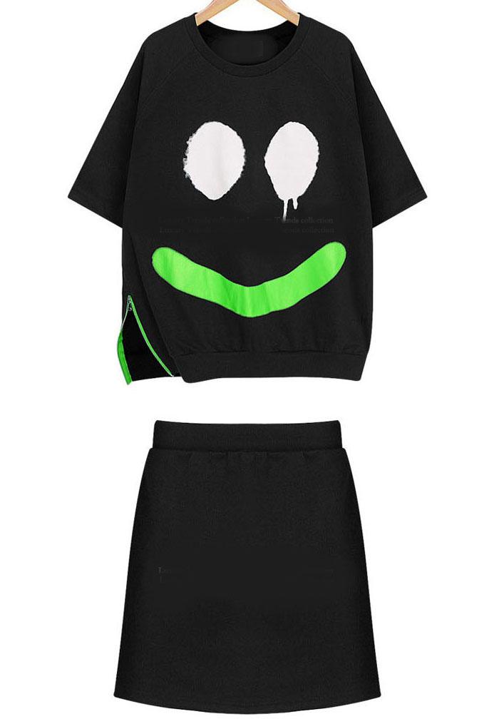 Romwe Smiley Face Print Split Top With Black Skirt