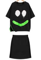 Romwe Smiley Face Print Split Top With Black Skirt