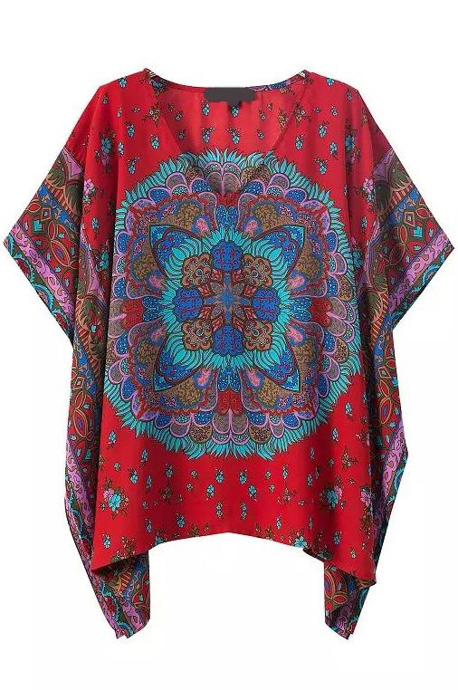 Romwe V Neck Vintage Print Loose Red Top