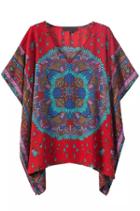 Romwe V Neck Vintage Print Loose Red Top