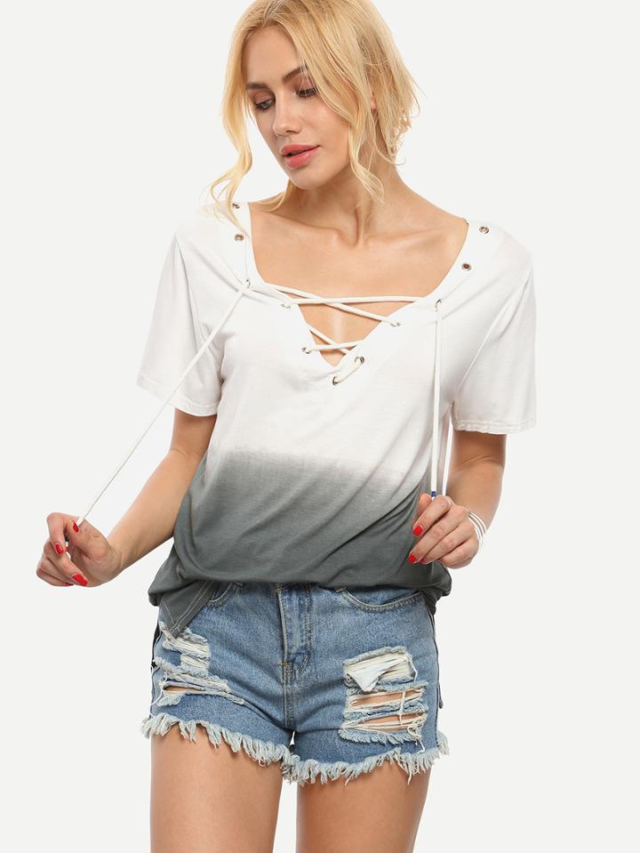 Romwe Lace-up V-neck Grey Ombre T-shirt
