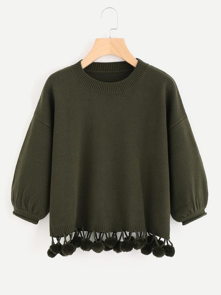 Romwe Dropped Shoulder Lantern Sleeve Pom Pom Hem Jumper