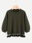 Romwe Dropped Shoulder Lantern Sleeve Pom Pom Hem Jumper