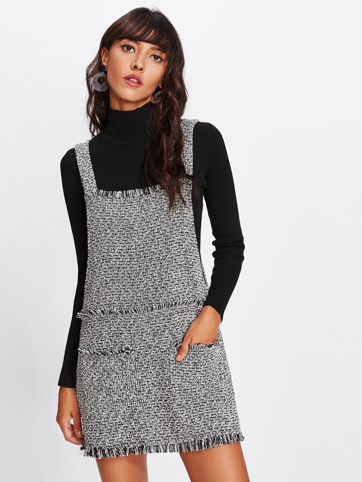 Romwe Fringe Detail Tweed Overall Dress