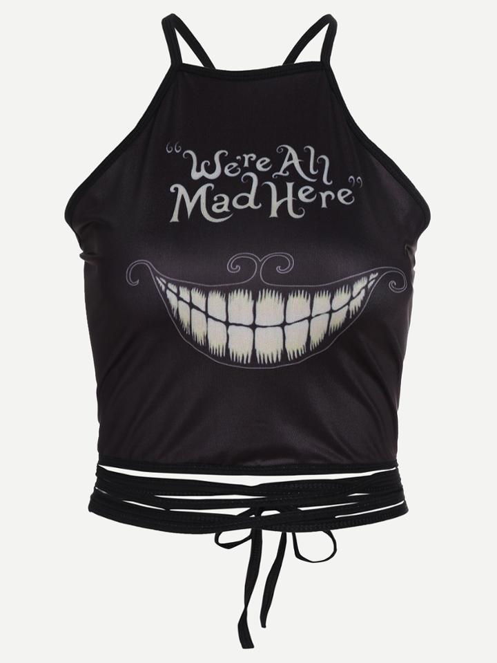 Romwe Black Printed Open Back Criss Cross Lace Up Top