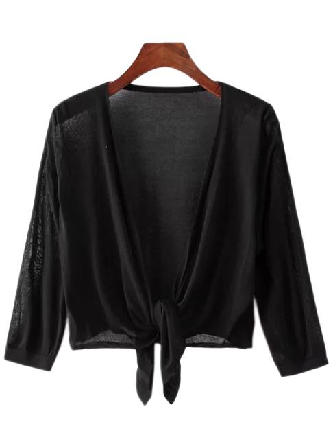 Romwe Black Self-tie Bow Hem Cardigan Knitwear