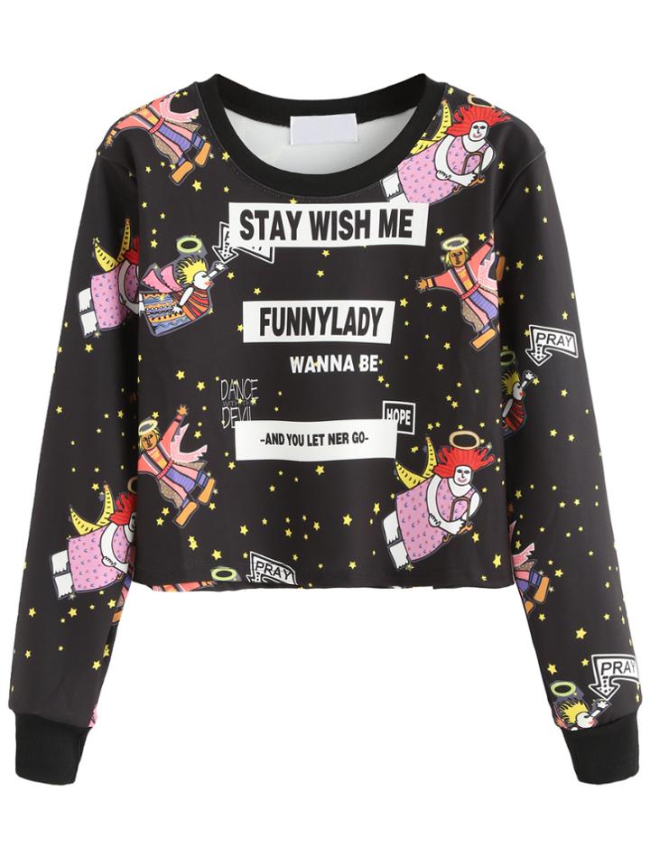 Romwe Black Cartoon Letter Print Crop Sweatshirt