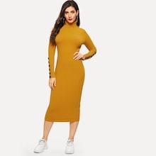 Romwe High Neck Buttoned Cuff Ribbed Knit Dress