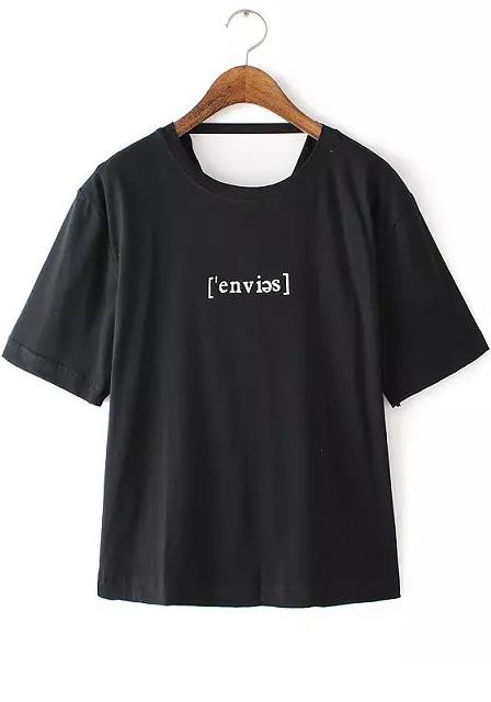 Romwe Letter Print Triangle Hollow Black T-shirt