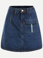 Romwe Blue Flap Pocket Front A Line Denim Skirt