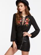 Romwe Symmetric Embroidery Tasseled Lace Up Top