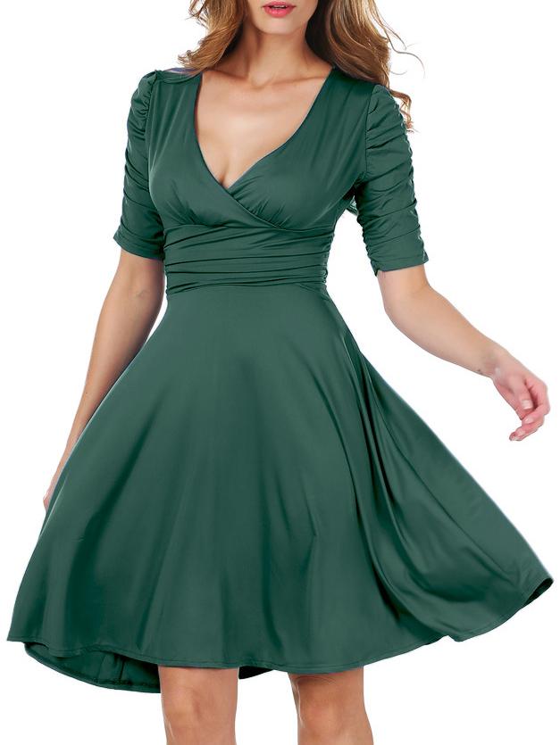 Romwe Deep Plunge Neck A-line Green Dress