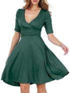 Romwe Deep Plunge Neck A-line Green Dress
