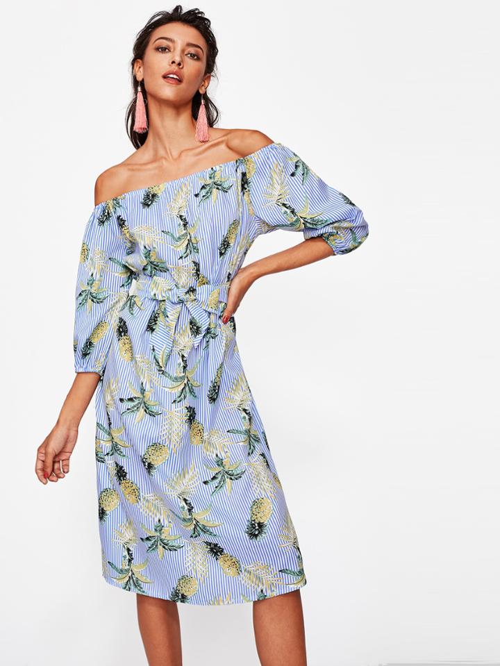 Romwe Bardot Pineapple Print Striped Dress With Belt
