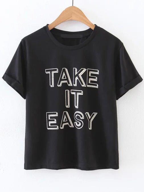 Romwe Black Letter Print Rolled Cuff T-shirt