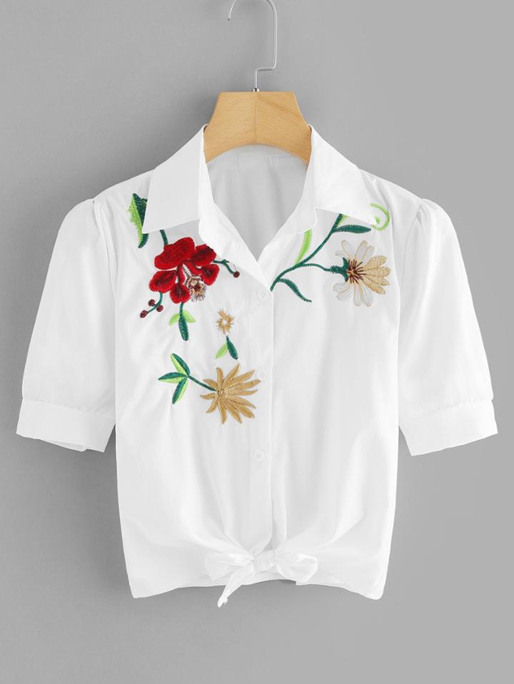 Romwe Floral Embroidered Knot Hem Shirt