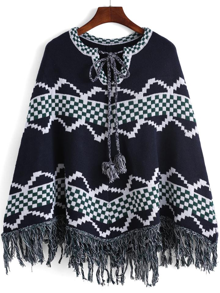 Romwe Geometric Print Fringe Lace Up Navy Poncho
