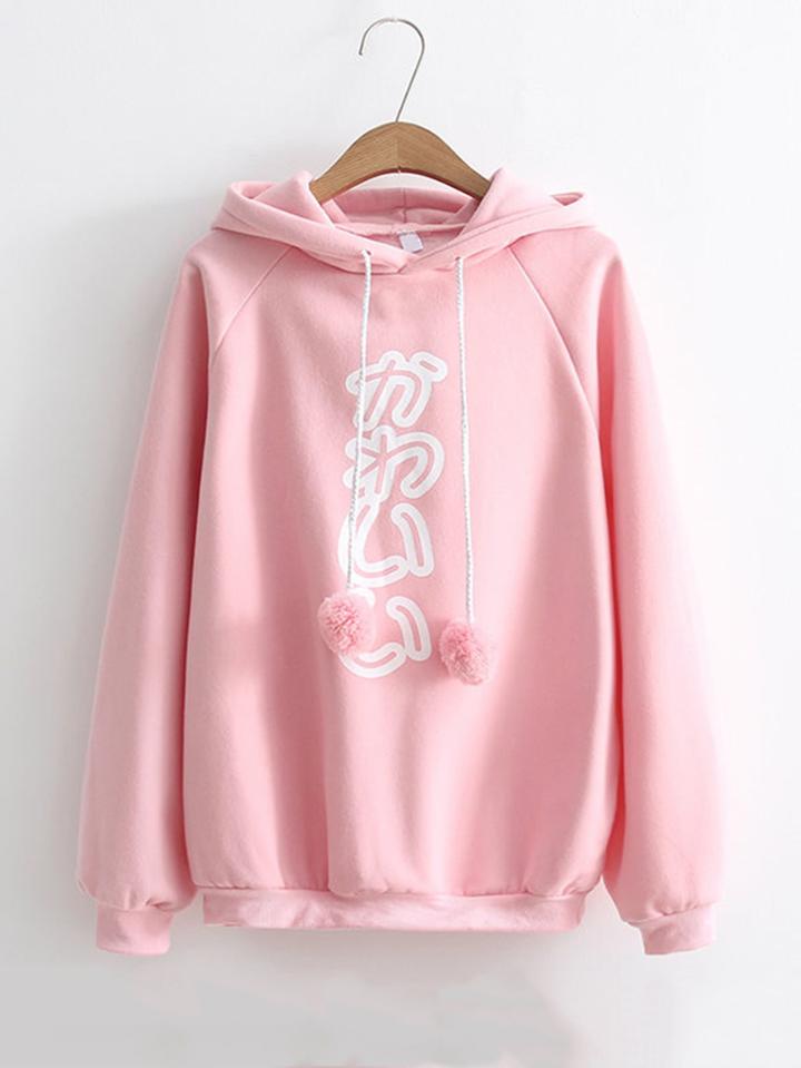 Romwe Raglan Sleeve Hoodie With Pom Pom