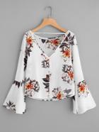 Romwe Flare Sleeve Floral Print Open Back Blouse