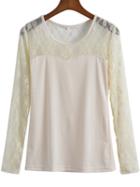 Romwe Lace Insert Long Sleeve Apricot T-shirt