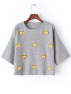 Romwe Bear Embroidered Patch Grey Sweater