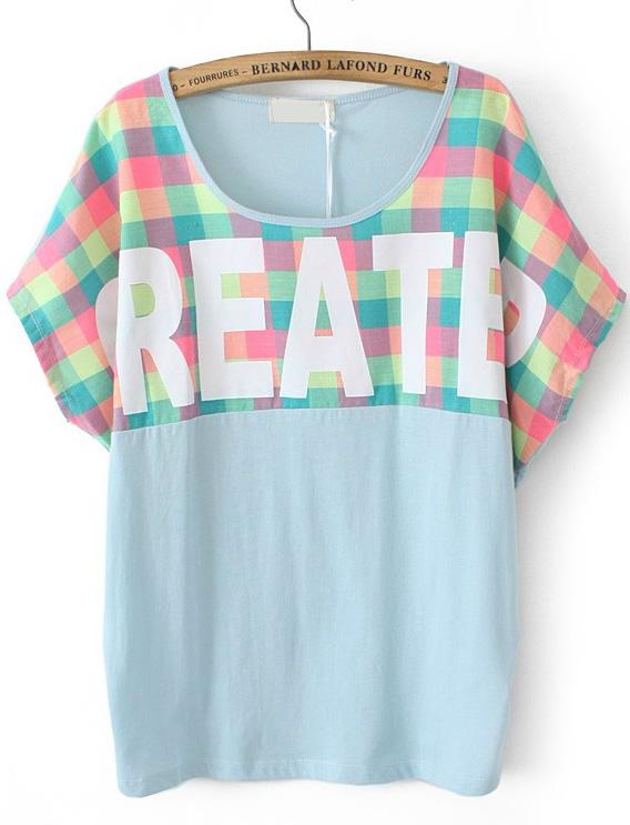 Romwe Check Greater Print Blue T-shirt