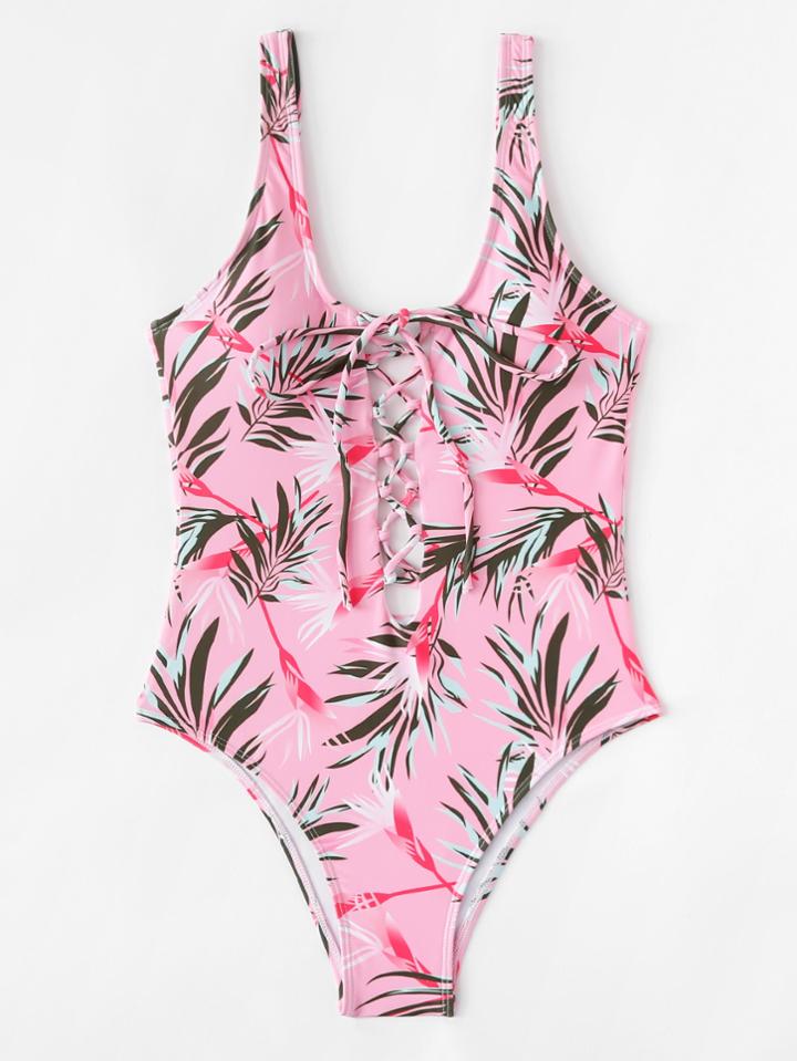Romwe Lace Up Open Back Swimsuit