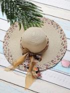 Romwe Beige Textured Wide Brim Sunhat With Bow Tie