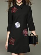 Romwe Black Lapel Embroidered Short Dress
