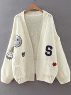 Romwe White Drop Shoulder Patch Sweater Coat With Pockets