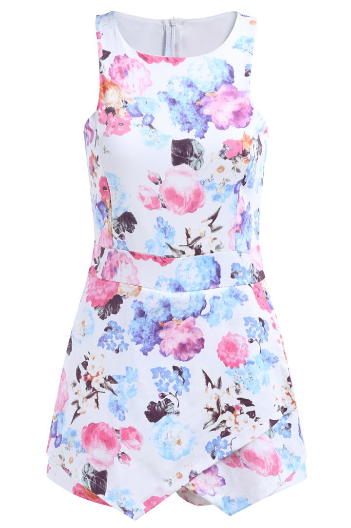 Romwe Sleeveless Floral Bodycon White Dress