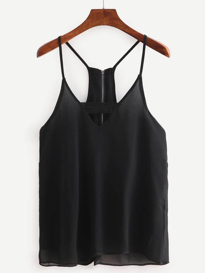 Romwe Spaghetti Strap Zipper Chiffon Cami Top