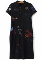 Romwe Black Lapel Cartoon Embroidered Dress