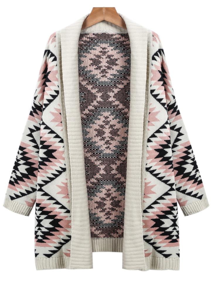 Romwe Apricot Long Sleeve Geometric Knit Cardigan Sweater
