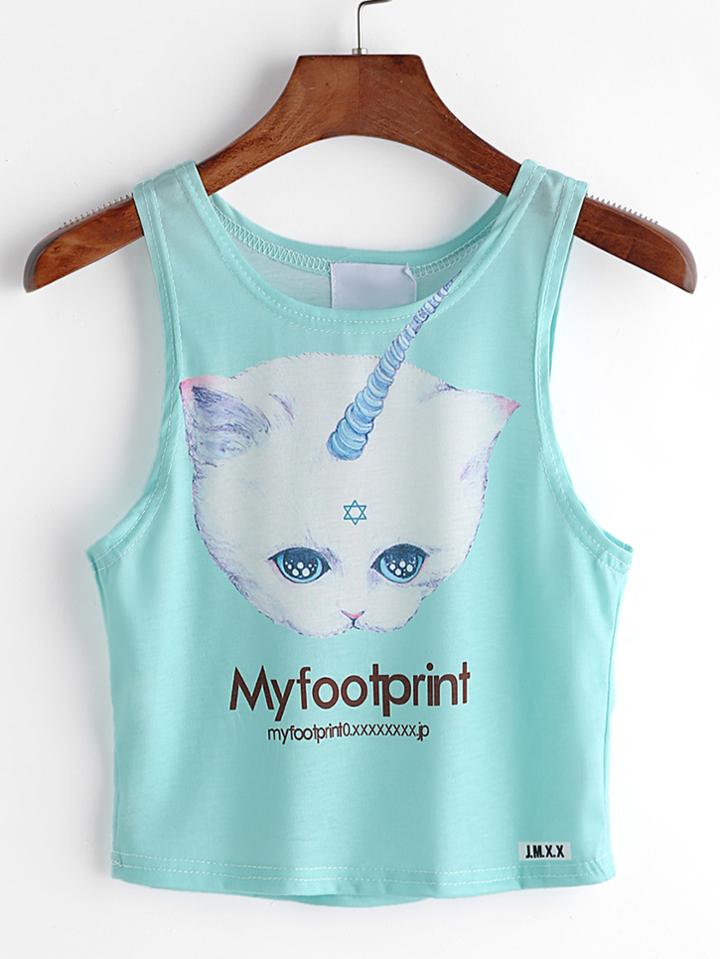 Romwe Green Letter And Cat Print Tank Top