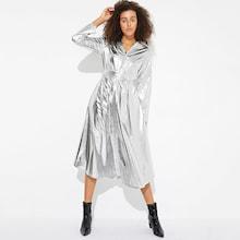 Romwe Self Tie Metallic Longline Coat