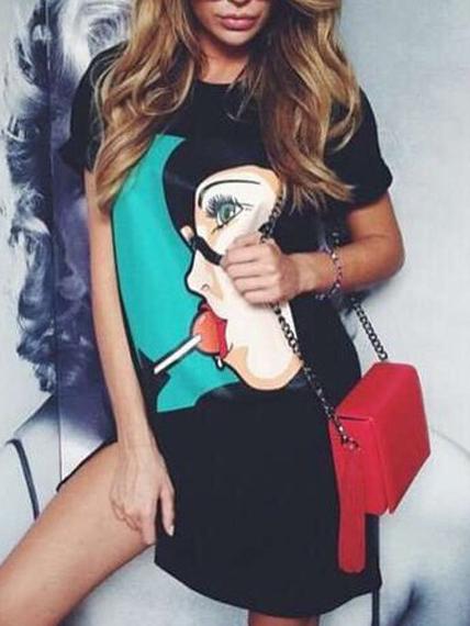 Romwe Cartoon Portrait Print Black Tee Dress