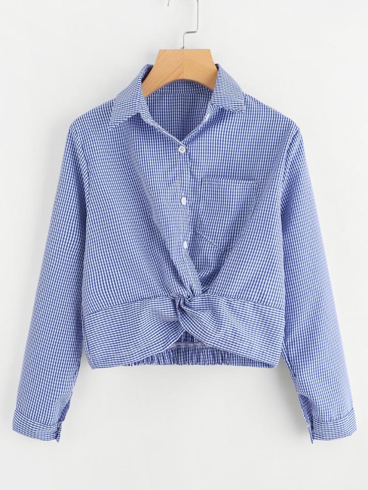 Romwe Checked Chest Pocket Twist Front Shirt