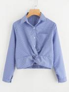 Romwe Checked Chest Pocket Twist Front Shirt