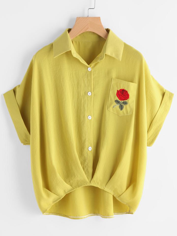Romwe Cuffed Rose Embroidered Dip Hem Shirt With Chest Pocket